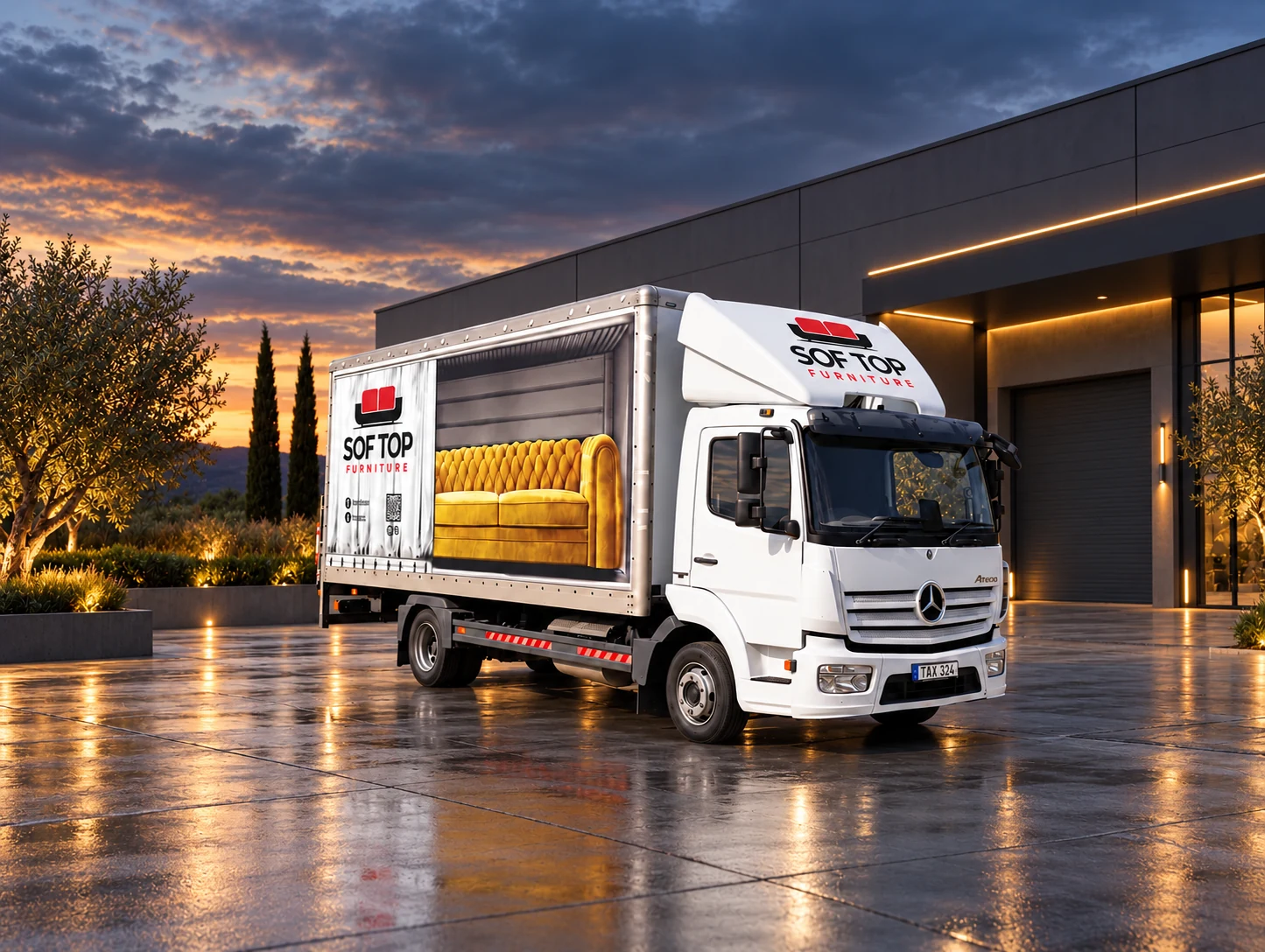 Front three-quarter view of the completed SOF TOP Furniture branded delivery lorry