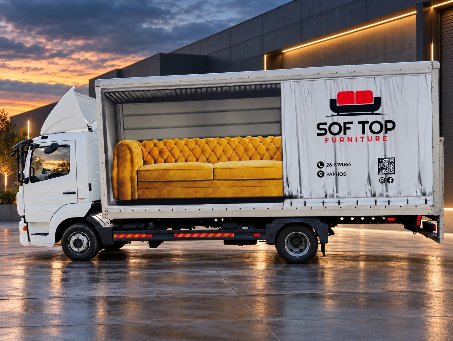 Opposite side of the SOF TOP Furniture lorry with installed sofa and logo wrap graphics