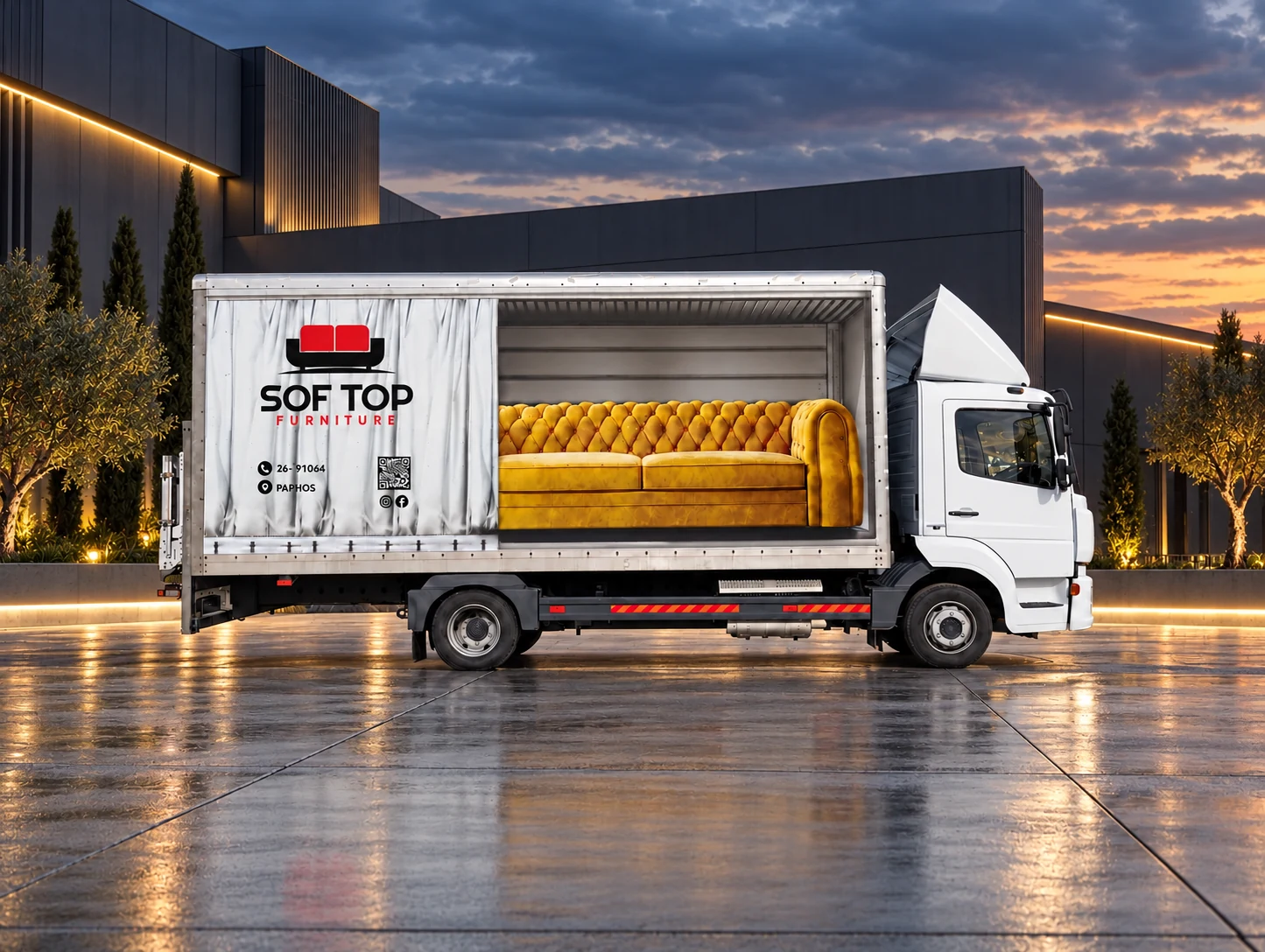 SOF TOP Furniture full printed lorry wrap with yellow sofa illusion and curtain graphics